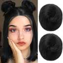 REECHO Space Bun Hair Pieces, 2 PCS Mini Claw Clip in Messy & Cat Ears Fake Hair Bun Extensions HB001 Wig Accessory Updo Hairpieces for Women Girls (Pack of 2-3" Straight, Natural Black)