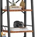 Furologee 6 Tier Ladder Shelf Bookcase, Tall Ladder Bookshelf Narrow with 2 Hooks, Industrial Metal Wooden Shelf Free Standing, Skinny Bathroom Shelves for Bedroom Living Room Kitchen, Rustic Brown