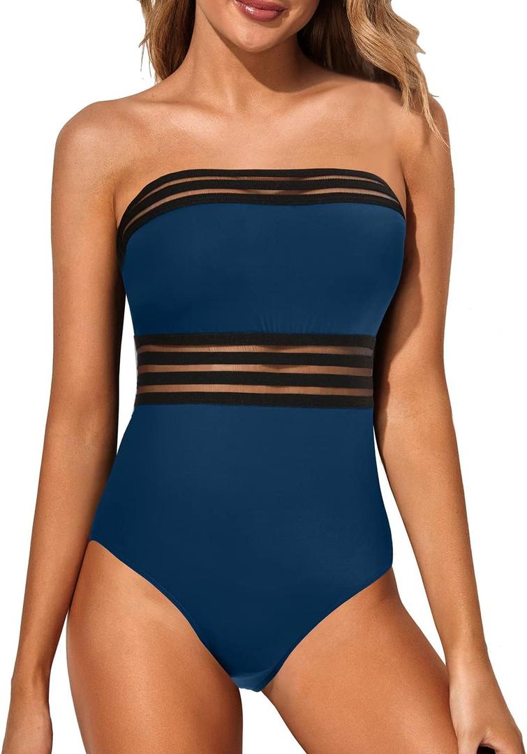 Holipick One Piece Swimsuits Tummy Control Strapless Bathing Suits for Women Slimming Bandeau Tube Swimswear (X-Large, Indigo)