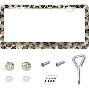 Bling License Plate Frame, Sparkly Rhinestone Car Tag Cover with Mounting Kit, Stainless Steel & Obstruction-Free Crystal Auto License Plate Holder for Women, Car Accessories (Leopard Print)