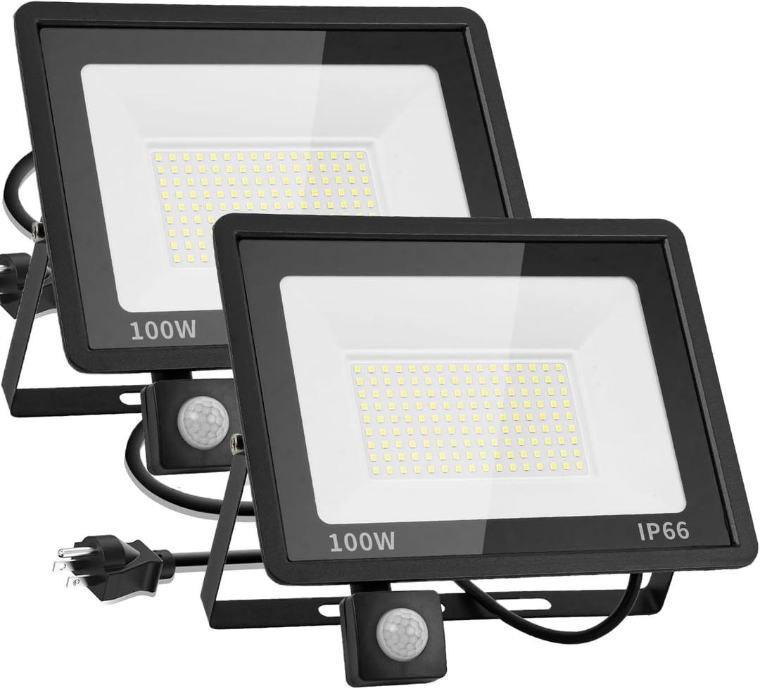 100W Motion Sensor LED Flood Light 2 Pack IP66 Waterproof Exterior Security Outdoor Flood Light with Plug Floodlights for Playground, Yard, Stadium, Lawn, Garage, Aisle, 6000K Daylight