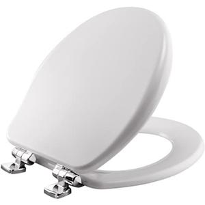 Bemis Alesio Slow Close Toilet Seat, Sleek Chrome Hinges and Adjustable Perfect Fit Wood Seat, Made in USA, Round, White