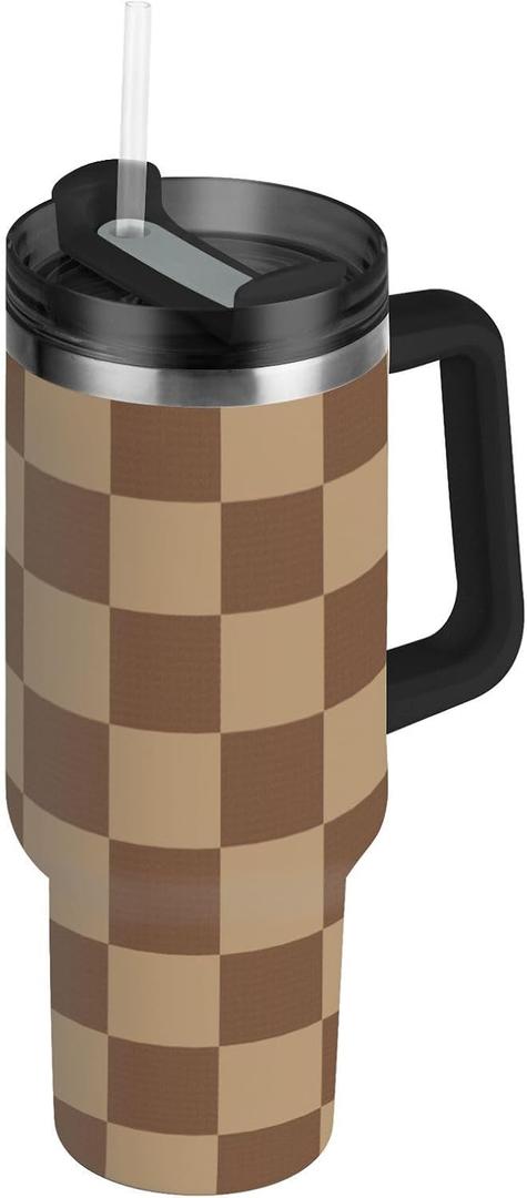 Checkered Brown 30 oz Tumbler with Handle Lid Straw Insulated Tumblers Stainless Steel Tumbler Leak Proof for Water Coffee Ice Tea Keep Cold or Hot Black