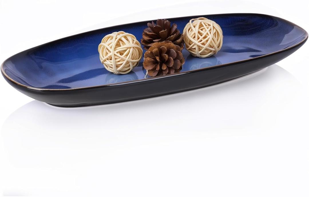 Blue Decorative Bowl 11" Long Oval Ceramic Bowl, Ocean-Inspired Accent Dish for Keys, Jewelry, Candy or Fruit, Modern Blue Decor Tray for Entryway Table, Coffee Table, Kitchen Counter or Home Decor