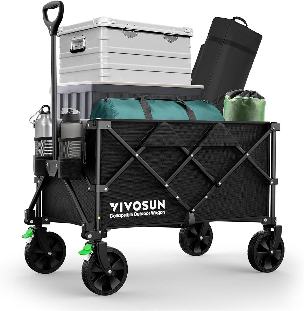 VIVOSUN Collapsible Folding Wagon, 350 lb Load-Bearing Outdoor Utility Cart with Silent Universal Wheels, Cup Holders &Side Pockets, Adjustable Handle, for Camping, Garden, Sports, Picnic, Shopping (Black)