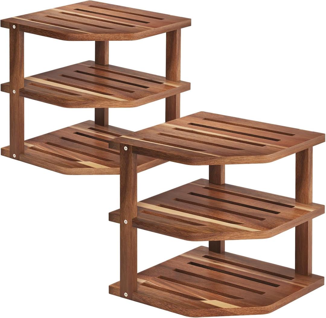 VERTORGAN 3 Tier Acacia Wood Corner Shelf(2 Pack),Dish Drying Rack,Plate Organizer,Kitchen Spice Rack for Countertop and Cabinet,Pantry Organization and Storage