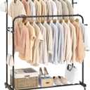 Laiensia Double Rods Garment Rack with Wheels, Clothing Rack for Hanging Clothes,4 Hooks, Multi-functional Bedroom Clothes Rack, Black