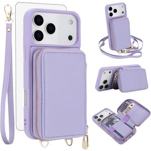 Phone Case for iPhone 17 Pro Max 6.9 inch Wallet Cell Cover with Tempered Glass Screen Protector Wrist Crossbody Strap RFID Blocking Credit Card Holder i Phone17 17Pro i17 ProMax 17ProMax Women Purple
