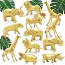 Metallic Gold Plastic Animal Figurines Toys, 10PCS Golden Safari Zoo Animal Figures, Jungle Wild Animals with Elephant, Lion, Giraffe for Baby Shower Decor, Safari Themed Birthday Party