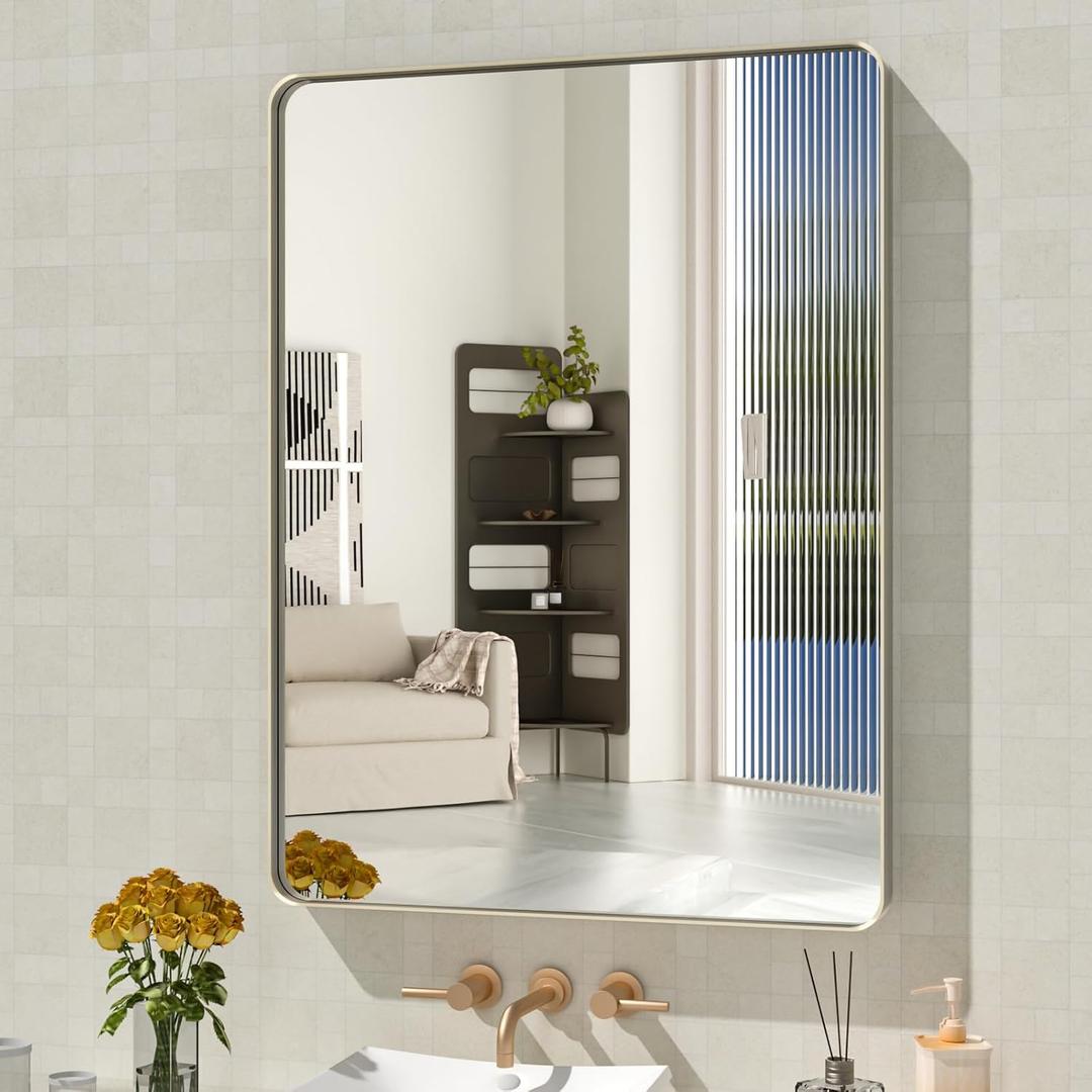 WEER 28X36 Inch Brushed Nickel Bathroom Mirror, Brushed Silver Metal Frame Mirror, Rounded Rectangle Silver Bathroom Vanity Mirror, Tempered Glass, Anti-Rust, Hangs Horizontally or Vertically