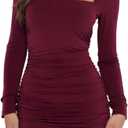 Women's Square Neck Long Sleeve Solid Ruched Bodycon Mini Dress Party Club Short Dresses, Size Large