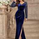 MISSMAY Women's Elegant Velvet V Neck Ruched Split Evening Long Dress (Blue, XL)
