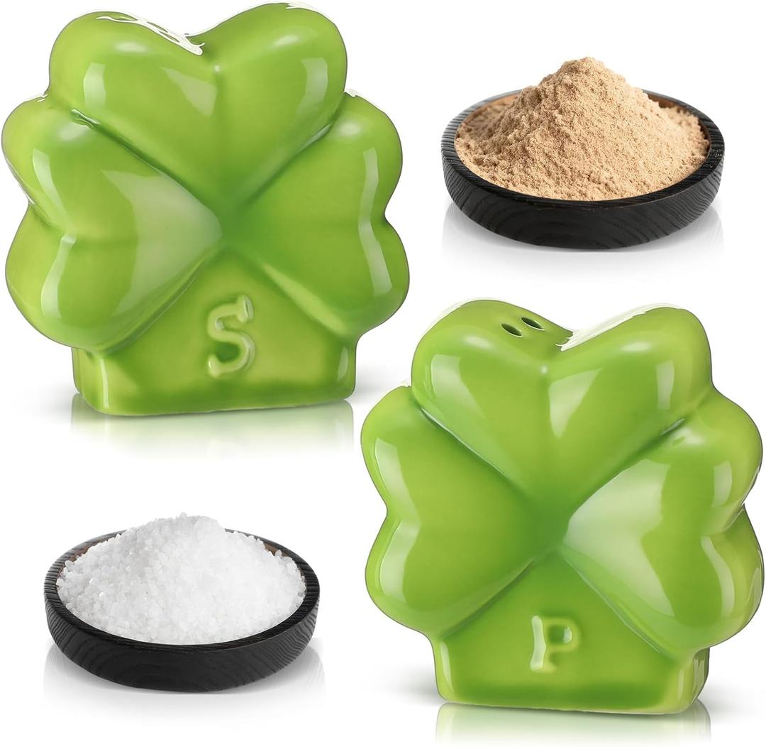 FoldTier 2 Pcs Ceramic Shamrock Salt and Pepper Shakers St. Patrick's Day Clover Leaves Irish Ceramic Shaker Set for Kitchen Counter Table Farmhouse Country Restaurant Party Event 2-3/4" H