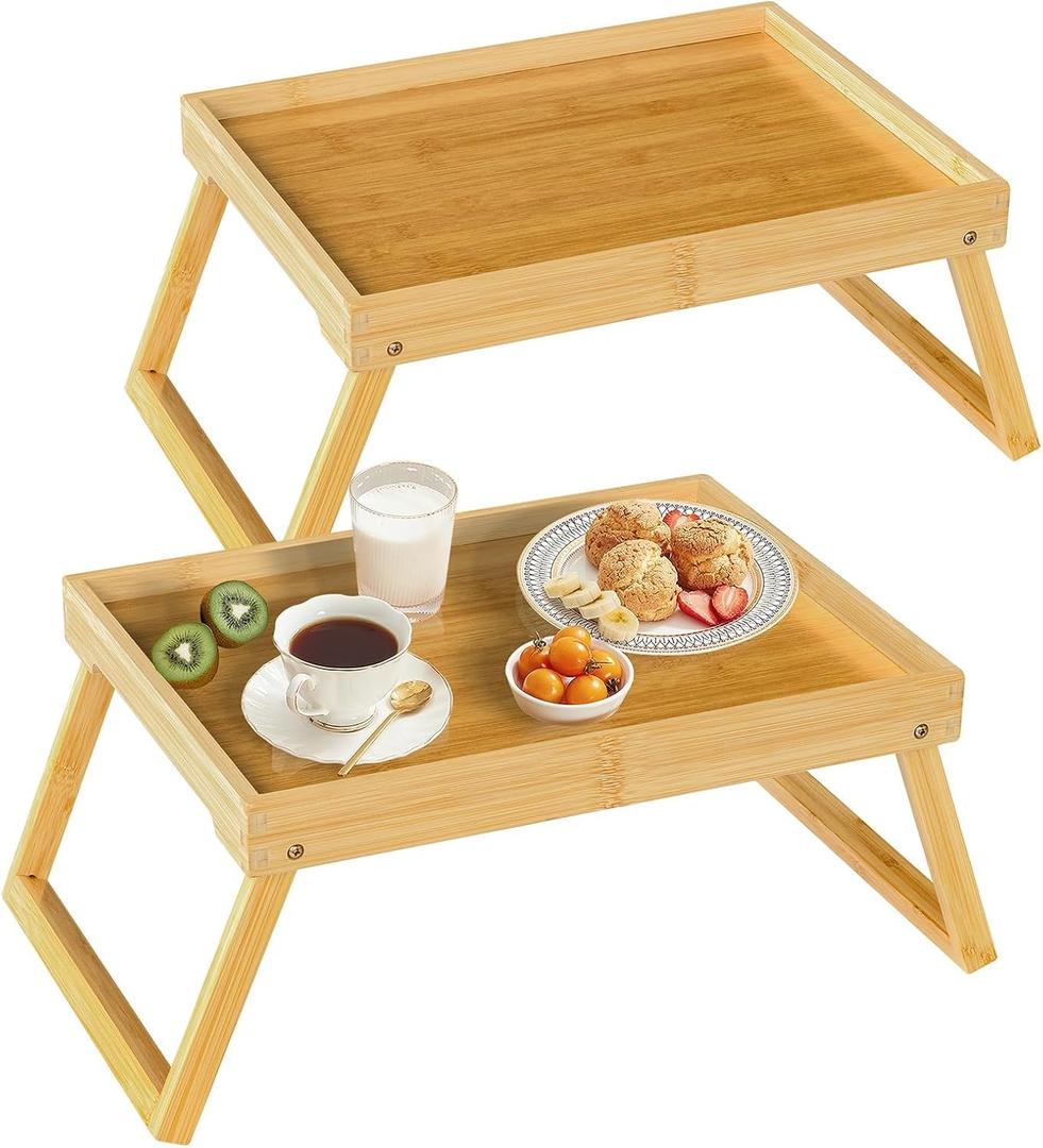 Bamboo Bed Tray Table with Folding Leg, Breakfast in Bed Tray for Eating,TV Table, Laptop Computer,Snack,Sofa or Working, Laptop Desk,2 Pack(Beige)