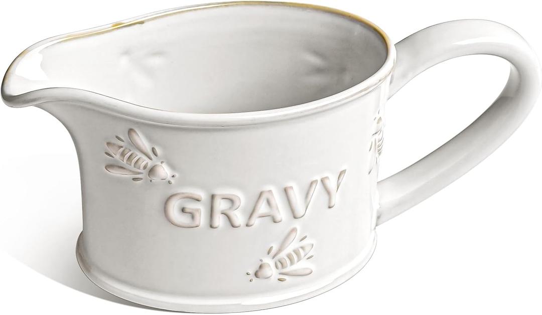 LE TAUCI 17oz Gravy Boat, Ceramic Sauce Boat for Salad Dressings, Creamer, Broth, Black Pepper, Set of 1, Arctic White, Bee Pattern
