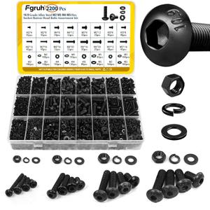 Fgruh 2200PCS M2 M3 M4 M5 Metric Screws Assortment Kit, Hex Socket Button Head Assorted kit, Machine Screw Set with Nuts & Washers,10.9 Alloy Steel Black Zinc Plated for 3D Printing