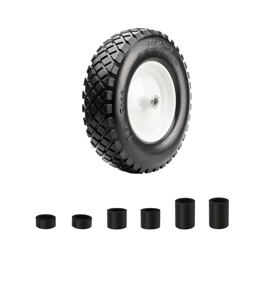16" Flat Free PU 4.80/4.00-8" Solid Tire with 3/4" Ball Bearing and 3"-8" Center Hub, Universal Hand Truck Flat Free Trailer Wheelbarrow Tire for Hand Truck/Tool Cart/Garden Cart, 1 Pc
