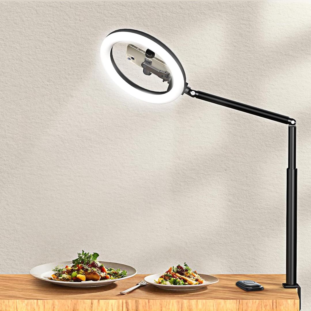 10.5" Ring Light Overhead Phone Mount - Selfie Ring Light with Stand Phone Holder, 360 Rotate Flexible Arm Clamp Desk Light Tripod for Photography Cooking Filming Video Recording YouTube Tiktok