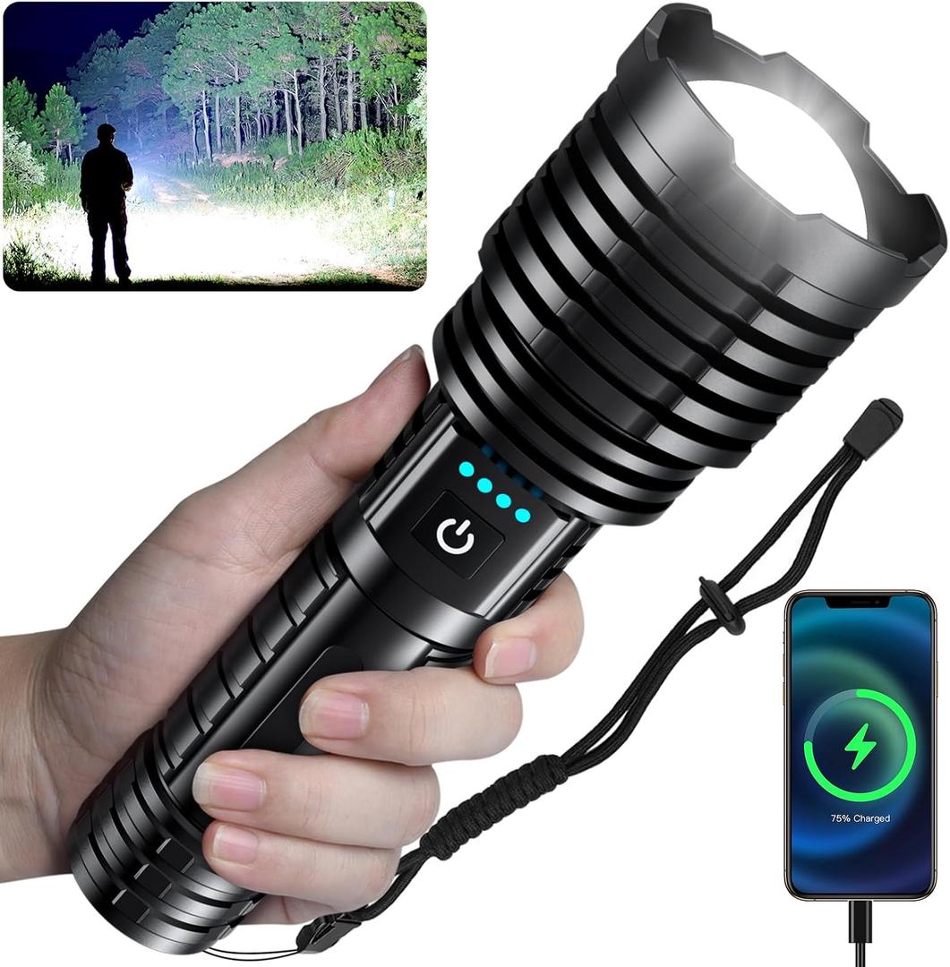 baibian Rechargeable Flashlights High Lumens, 5000.000 Lumens Super Bright Flashlight, LED Handheld Waterproof Tactical Flashlights-Zoomable 5 Modes-31H Runtime-Holster for Emergency Camping