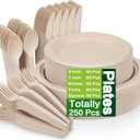 250 Piece Compostable Paper Plates Set with Extra Long Utensils, Sugarcane Fibers Disposable Dinnerware Set, Eco Friendly Biodegradable Plates, Spoons, Forks and Knives for Party, Camping, Picnic (Brown)