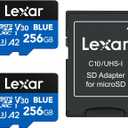 Lexar 256GB 2 Pack Blue Micro SD Card Up to 160MB/s, microSDXC UHS-I Memory Card with SD Adapter, C10, U3, A2, V30, Full HD, 4K UHD, High Speed TF Card