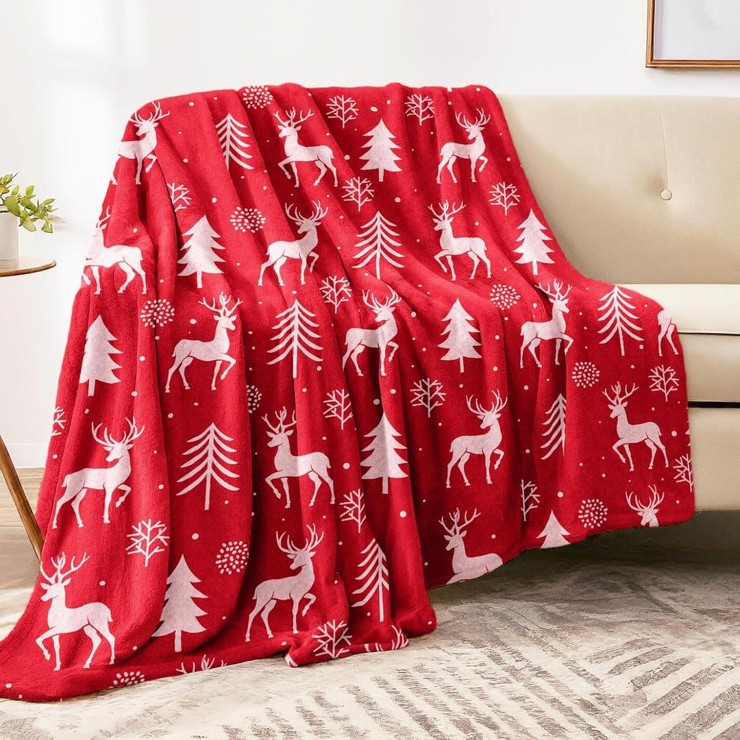 Christmas Throw Blanket - Luxurious Red Reindeer and Tree Design, Soft, Plush Microfiber Fleece, Perfect for Couch, Sofa, Bed, Cozy Lightweight Winter Decor, 50" x 60"