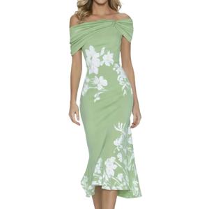 Bodycon Dresses for Women Floral Off Shoulder Fishtail Cocktail Dress 2026 Summer Midi Prom Dresses for Wedding Guest (Green, M)