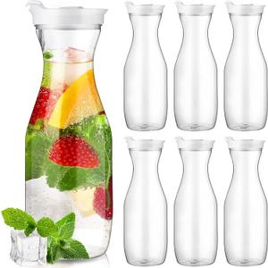 Gejoy 6 Pcs Plastic Water Carafe with Lids 32 oz Clear Juice Pitchers for Mimosa Bar Drinks Milk Iced Tea Beverage Containers for Home Restaurant School Fridge, Not Dishwasher Safe (White Cap)