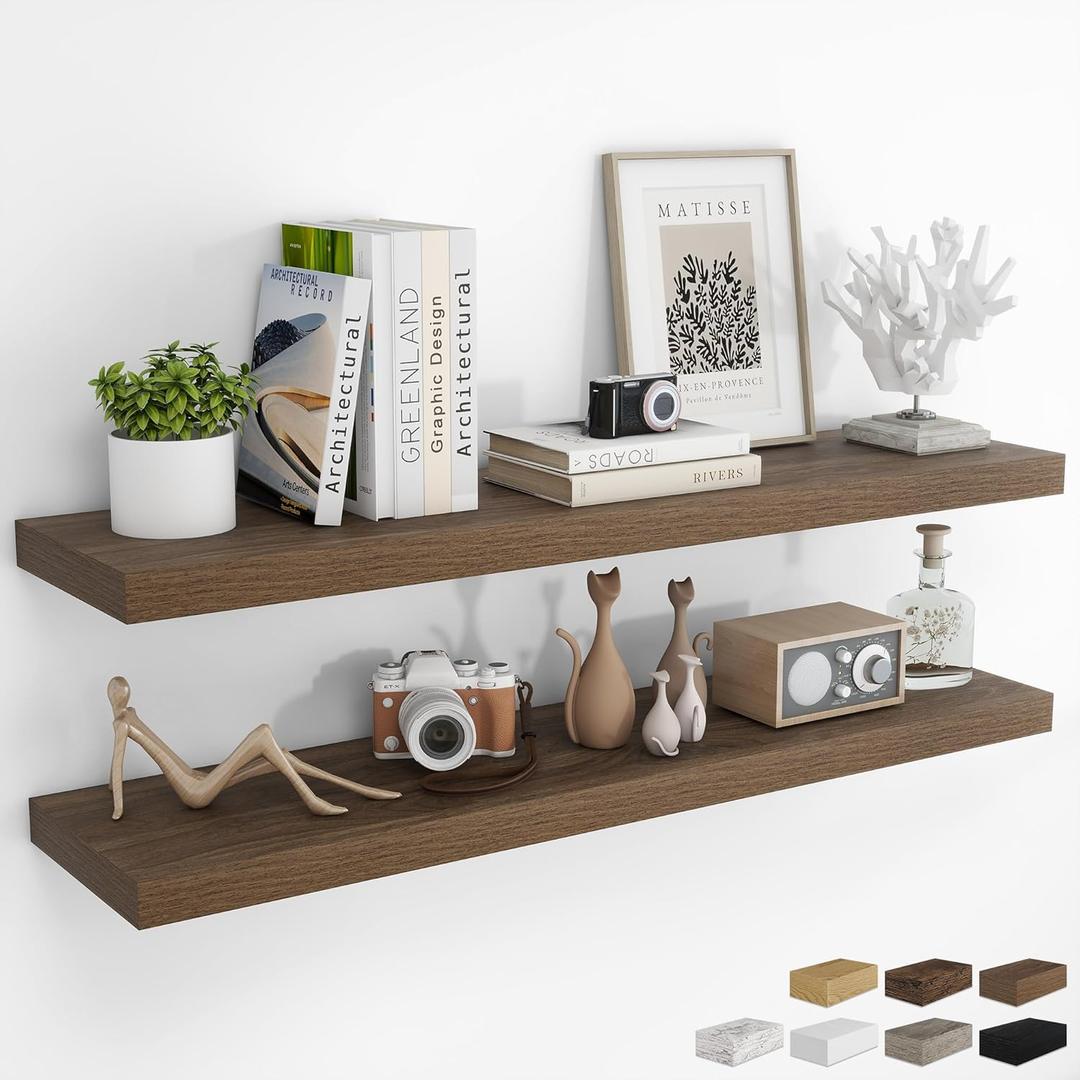 48Inch Floating Shelves for Wall 2 Pack Shelves for Bedroom|Kitchen|Bathroom Wall Mounted Rustic Wood Floating Shelf with Invisible Brackets for Books|Storage|Decor, Walnut (48 Inch)