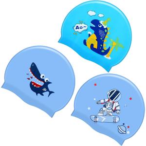 Sintuff 3 Pcs Kids Swim Caps Toddlers Swimming Caps Silicone Swim Cap for Boys Girls (Age 4-12) Baby Waterproof Cartoon Bathing Hats for Long and Short Hair