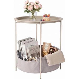 VECELO Round Side/End Table with Fabric Storage BasketMetal Anti-Rust and Waterproof Small Bedside Nightstand with Removable Tray Top for Living RoomBalcony & LaundryGrey /1pc with Basket