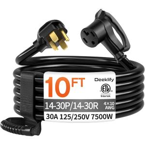 10 FT 4 Prong Dryer Extension Cord Outdoor Black, 30 AMP 10/4 Gauge Heavy Duty, NEMA 14-30P to 14-30R, Waterproof STW Jacket ETL Listed for Dryers & EV Charging
