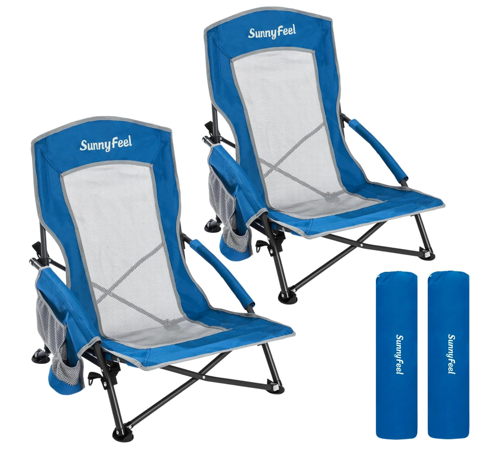 SUNNYFEEL Low Folding Beach Chair for Adults, Portable Lightweight Sling Beach Camping Chairs with Cup Holder, Armrest,Foldable Camp Lawn Chair for Outdoor Sand Concert Travel Sport Events,300LBS