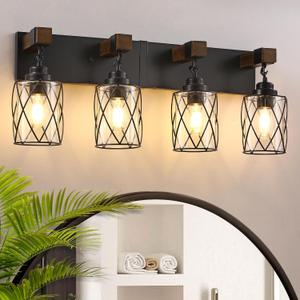 Farmhouse Bathroom Light Fixtures, 4 Light Bathroom Vanity Light with Metal and Glass Lampshade, Wood Rustic Lighting Fixtures Over Mirror, Black Wall Sconces for Living Room, Bedroom