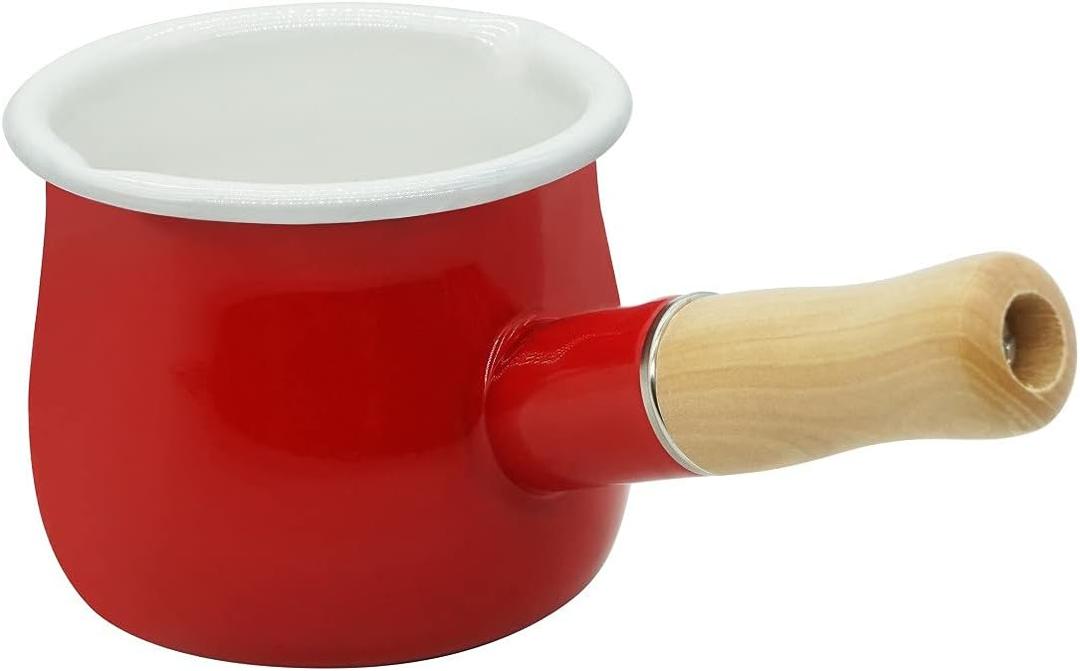 Mini Enamel Milk Pot 4 Inch 17 Oz Dual spout with Wooden Handle, Small Sauce Pan Perfect Size for Heating Smaller Liquid Portions (Red