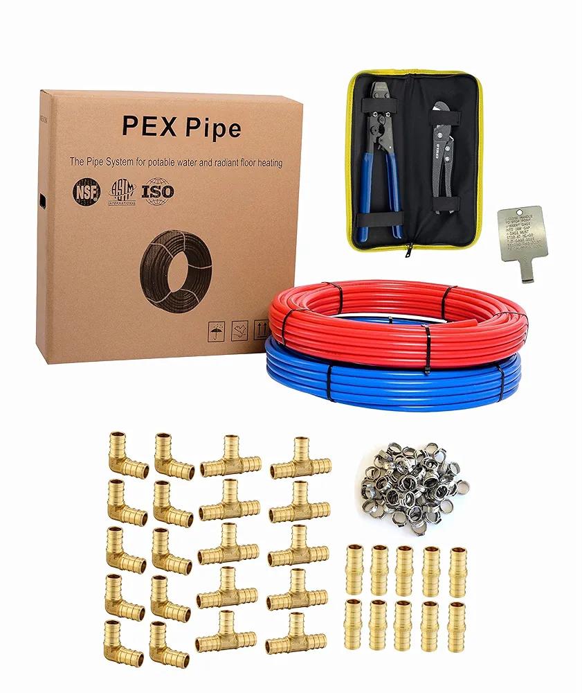 EFIELD 1/2 Inch 2 x 100 ft Pex-b Pipe/Tubing, 30 Pcs 1/2-inch Barb Crimp Brass Fittings, Crimper Tool, 100 Pcs Cinch Clamps, Pipe Cutter