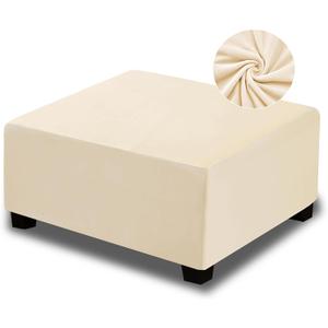 NeColorLife Velvet Ottoman Cover Square, Stretchable Footrest Stool Slipcover with Elastic Band for Rectangle and Square Storage Ottoman (Large, Cream (with Warm Undertones))