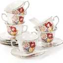 Tea Cups and Saucers Set of 6, 8 OZ Floral Ceramic Coffee Cup Set with Spoon, Vintage Rose British Teacups with Gold Trim, Cappuccino Mug for Latte Espresso for Tea Party, Cafe