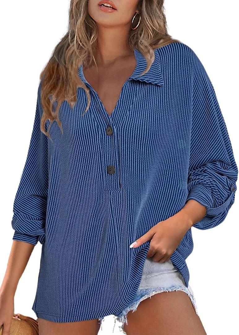 Astylish Women's Casual Blouses Button Down Business Batwing Tops Long Sleeve V Neck Ribbed Shirts 2025 Fall Outfit (Blue, XXL)