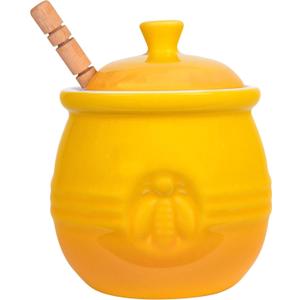 Creative Co-Op Yellow Stoneware Honey Pot with Lid & Wood Honey Dipper (3. 5Lx3. 5Wx4. 25H inches)