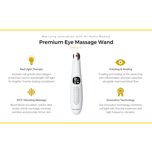 PLEEZBODY Eye Massager Wand - Bag/Dark Circle/Puffiness/Wrinkle remover 37 to 45 Degree Celsius vibrating massage absorption & blood flow Red Light for cell repair Ergonomic easy controls White