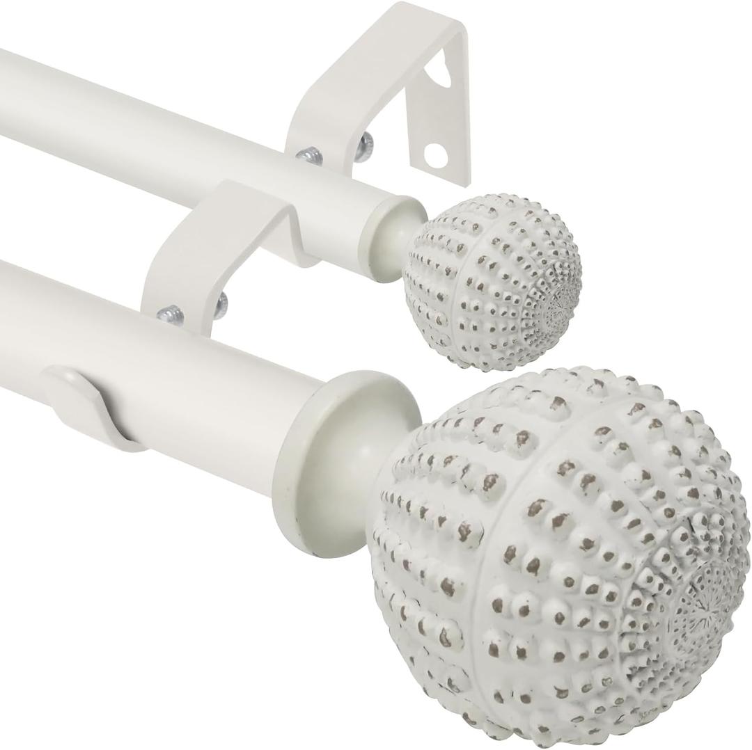 Double Curtain Rod 66 to 120 inches, 1 inch Diameter Heavy-Duty Adjustable Double Curtain Rod set with Decorative Finials and Sturdy Bracket-for Bedroom & Living room-Easy to Install,Weathered White