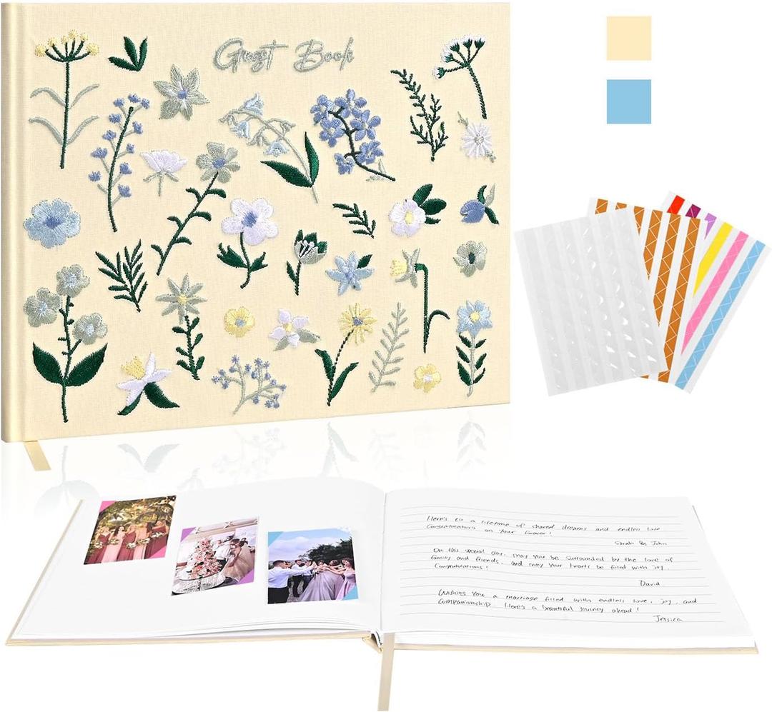 Wedding Guest BookElegant Embroidered Guest Book for Wedding Reception, Baby ShowerWedding Guest Book Alternative with Photo Corners,120 Blank&Lined Pages, Polaroid Guest Book Keepsake