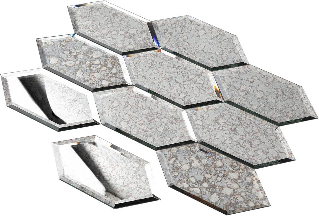 Peel and Stick Beveled Antique Mirror Tile, Mirror Backsplash Tiles for Kitchen Bathroom Wall 4x6 Inch Long Hexagon 30 Pcs, 4.8 SQ.FT
