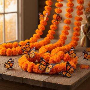 Marigold Garland for Decoration 5-Pack Artificial Orange Marigold Flowers with Monarch Butterfly Indian Dcor for Diwali Rangoli Halloween Home Decor