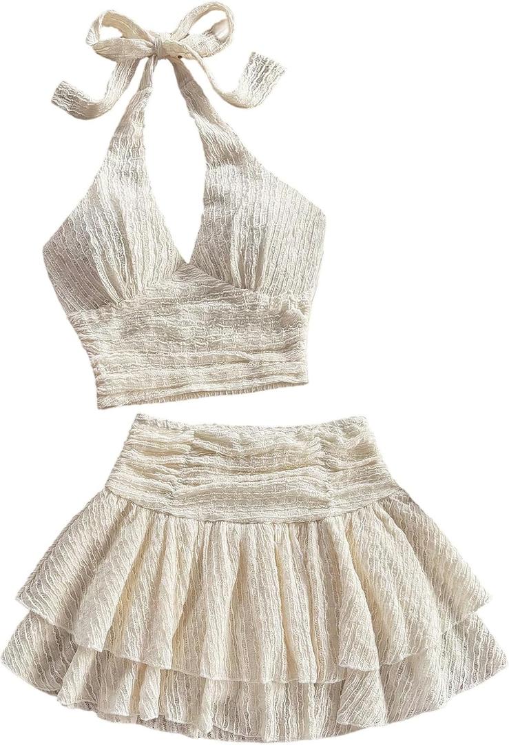 MakeMeChic Women's Summer 2 Piece Sets Halter Tops Ruffle Mini Skirt Set Tiered Layered Skort (Beige) Small