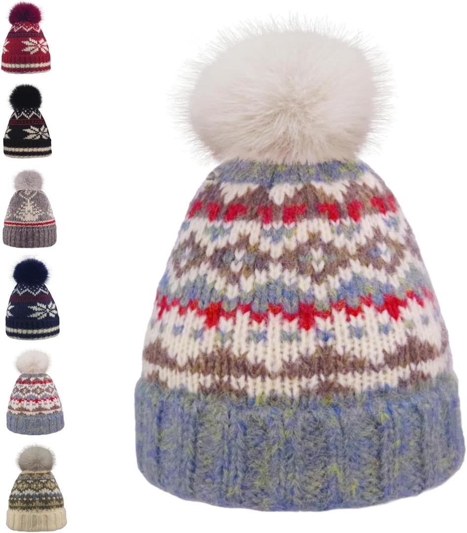 Kids Winter Knit Beanie Hat for Boys Girls Age 3-8 with Faux Fur Pom Warm Fleece Lined