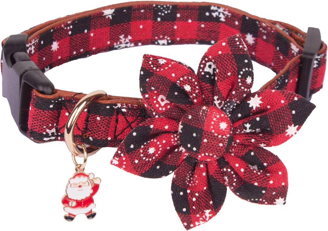 PTDECOR Christmas Dog Flower Collar, Adjustable Red Plaid Pet Xmas Collars with Removable Flower Christmas Collars for Small Dogs Pets (Small) (Neck 10"-14", Width 0.6")