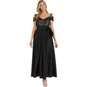 R&M Richards Women's Off The Shoulder Evening Gown W/Beaded Bodice & Sash Tie - Special Occasion Dress,  6, Black/Nude