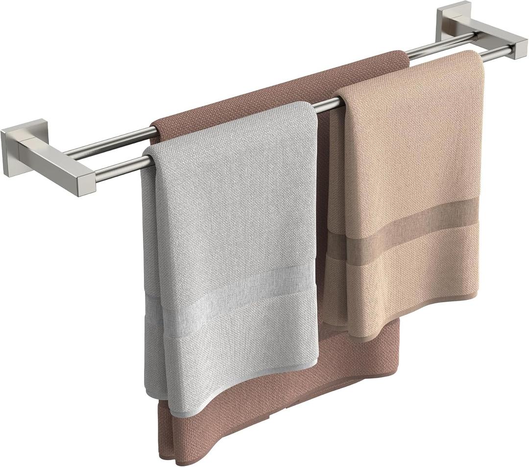 FORIOUS Double Towel Bar Racks Holder for Bathroom 24 Inch, Heavy Duty SUS304 Stainless Steel Square Dual Towel Rail Wall Mount, Brushed Nickel